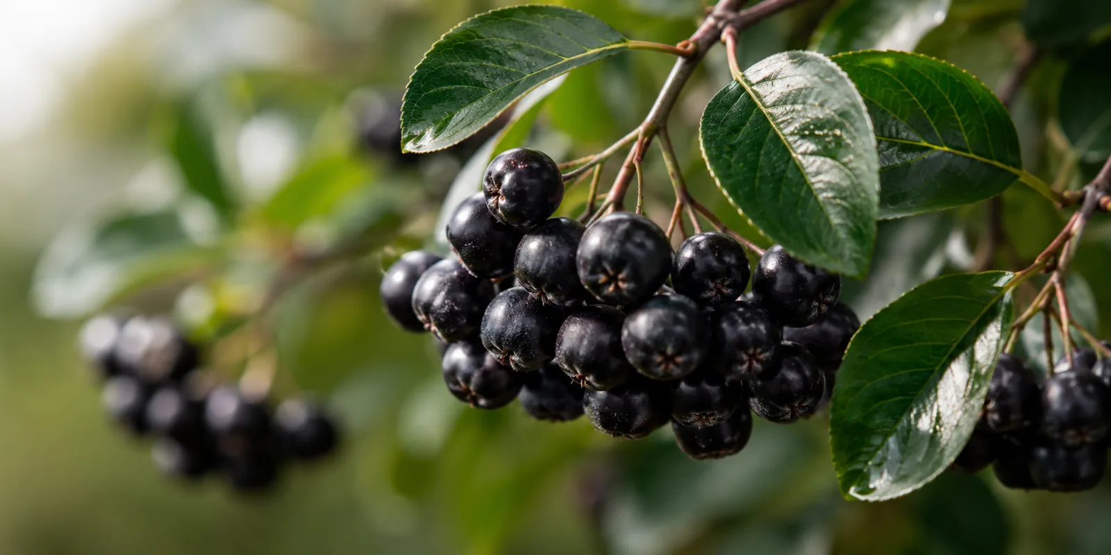 Aronia černoplodá – detail zralých plodů na větvi
