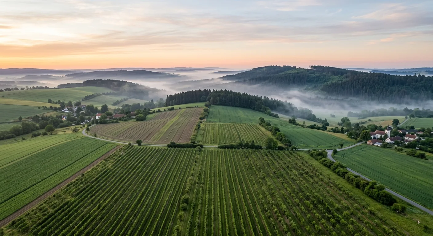 Vysočina – rolující se pole a lesy ve východu slunce